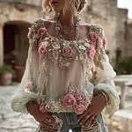 Vintage Pink Roses Embroidered Cozy Linen T Shirt - Image 2