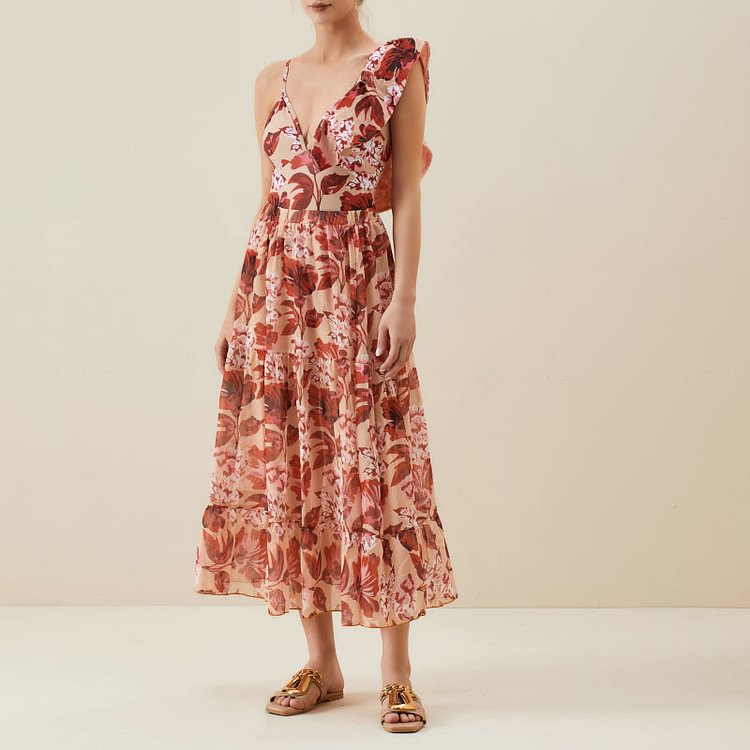 Flaxmaker Ruffle Printed One Piece Swimsuit and Skirt