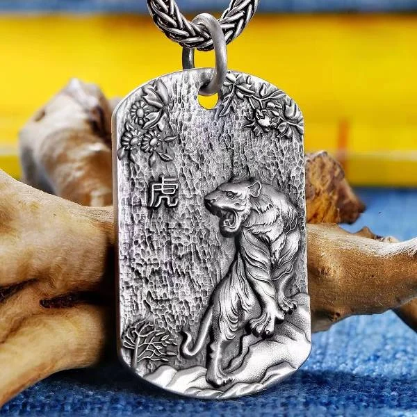 Sterling Silver Tiger Lucky Plaque Pendant Necklace