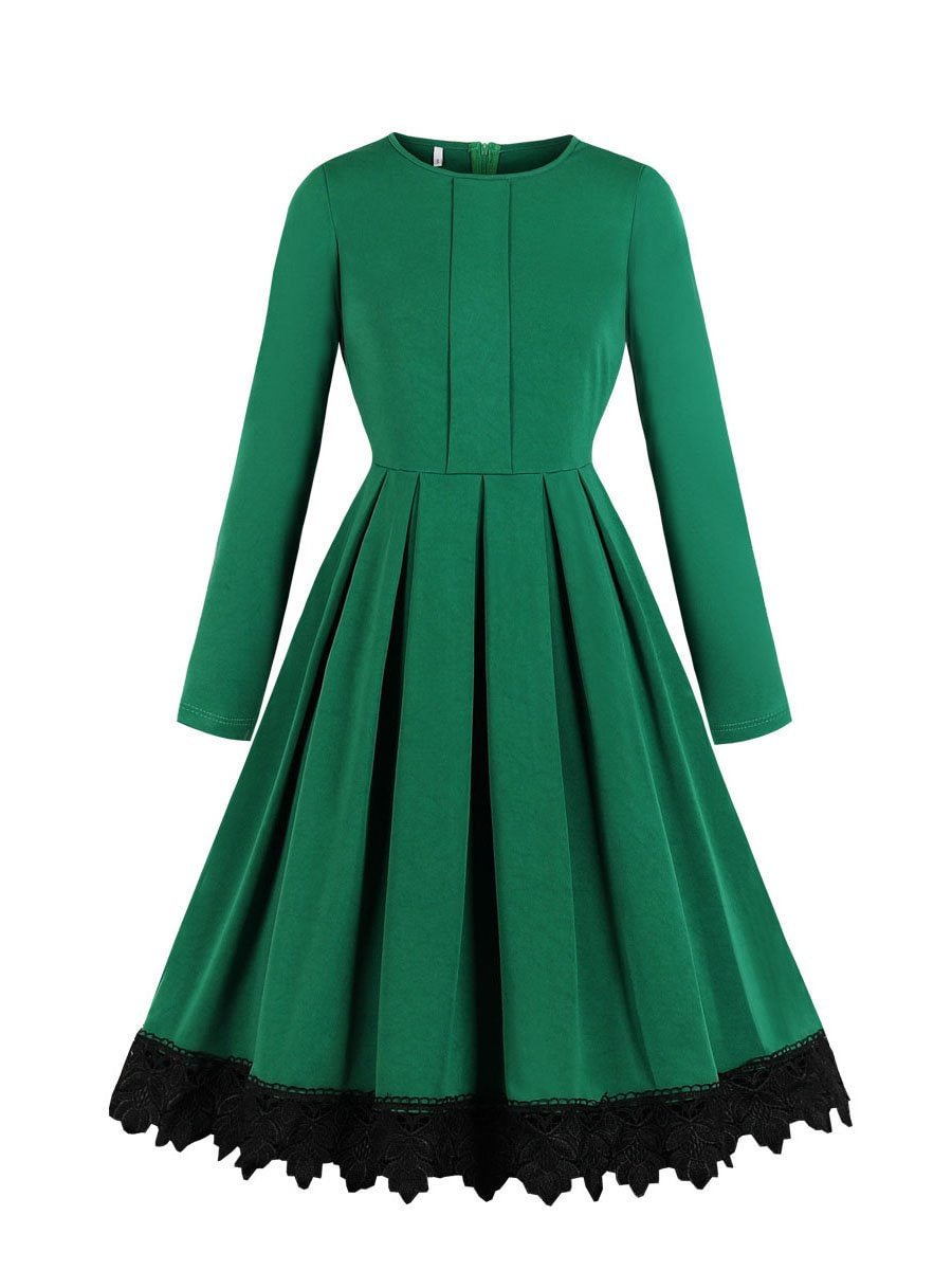 1940s Dress Lace Stitching O-neck Knee-length Dress
