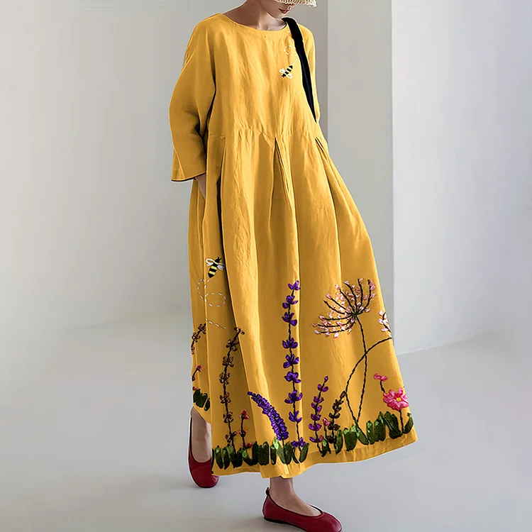VChics Cozy Floral Bee Embroidery Art Linen Blend Comfy Maxi Dress