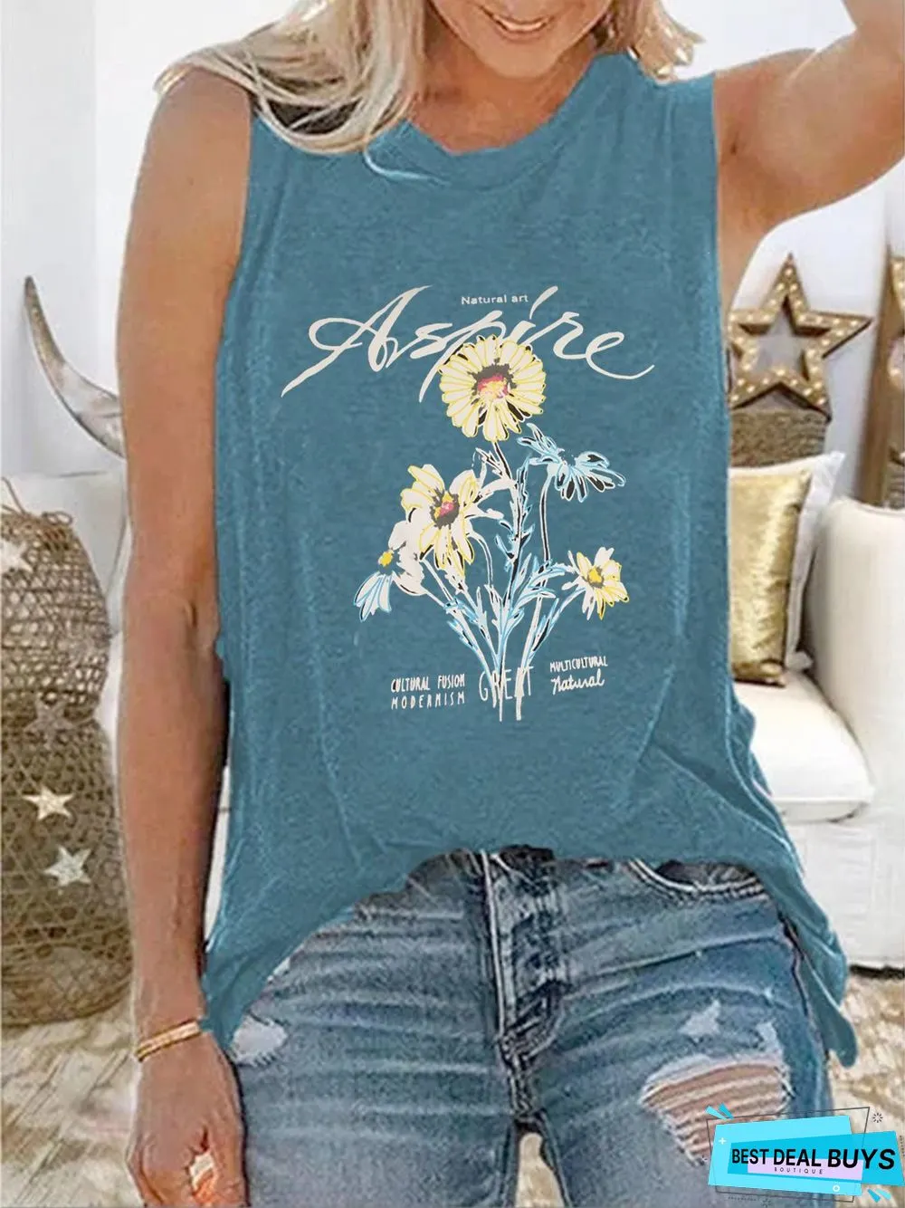 Casual summer loose sleeveless print T-shirt