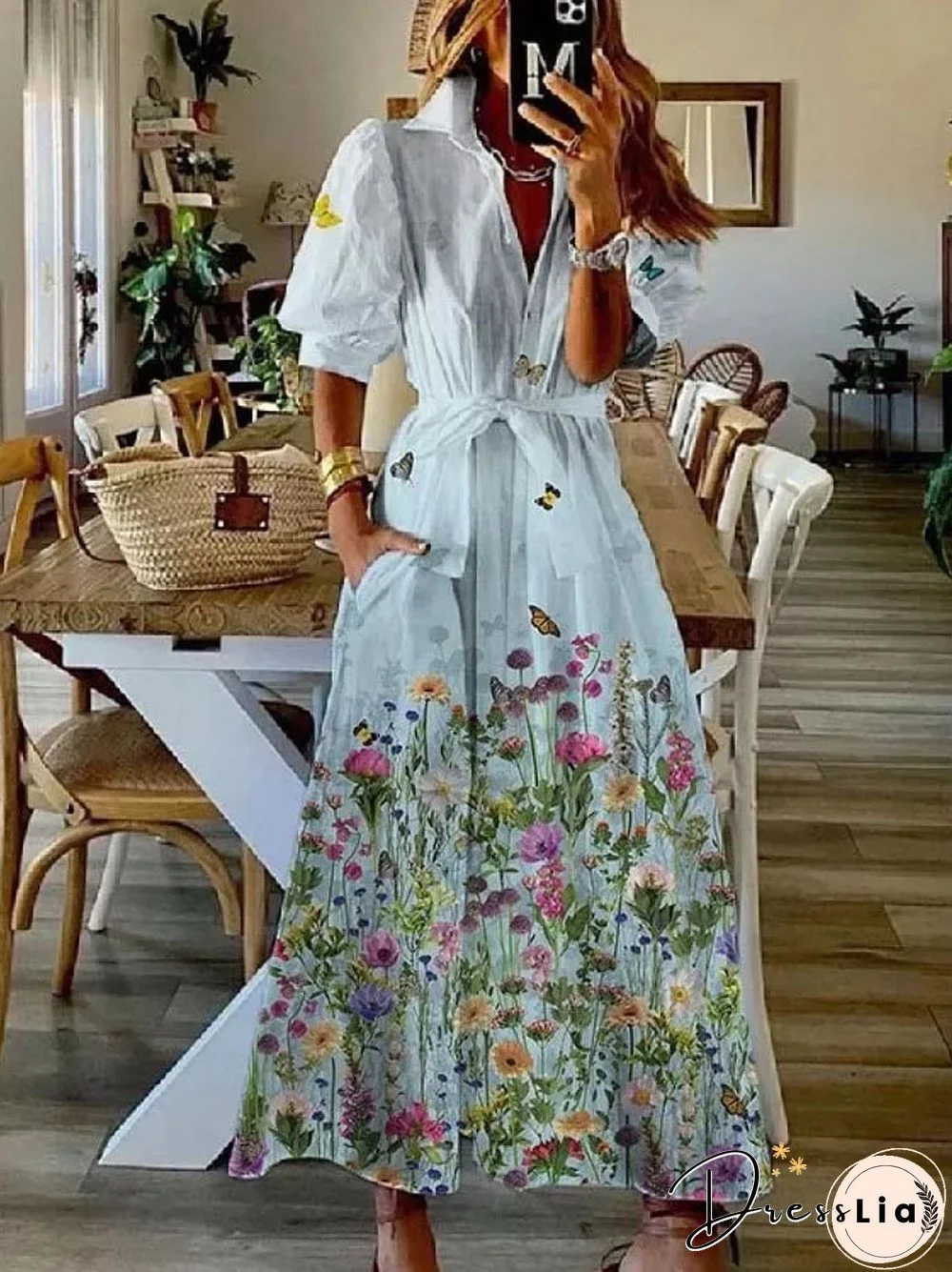 Casual Summer Pattern Printed Shirts Long Dress Ladies Fashion Short Sleeve Lapel Lace Up Dress Retro Loose A-Line Women Dresses