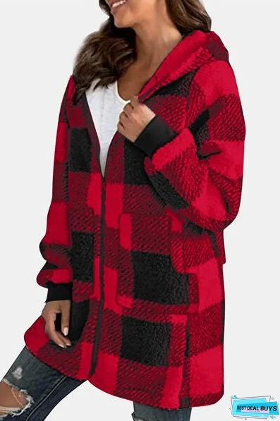 Double Take Full Size Plaid Long Sleeve Hooded Coat