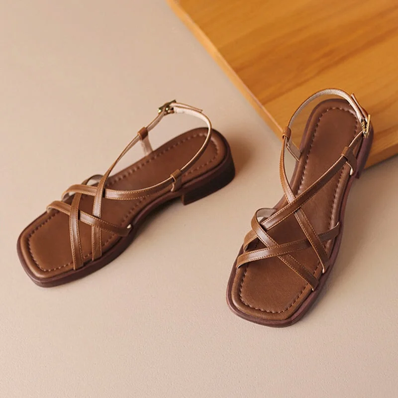 Women's Vintage Chunky Heels Square Toe Cross Strap Leather Sandals