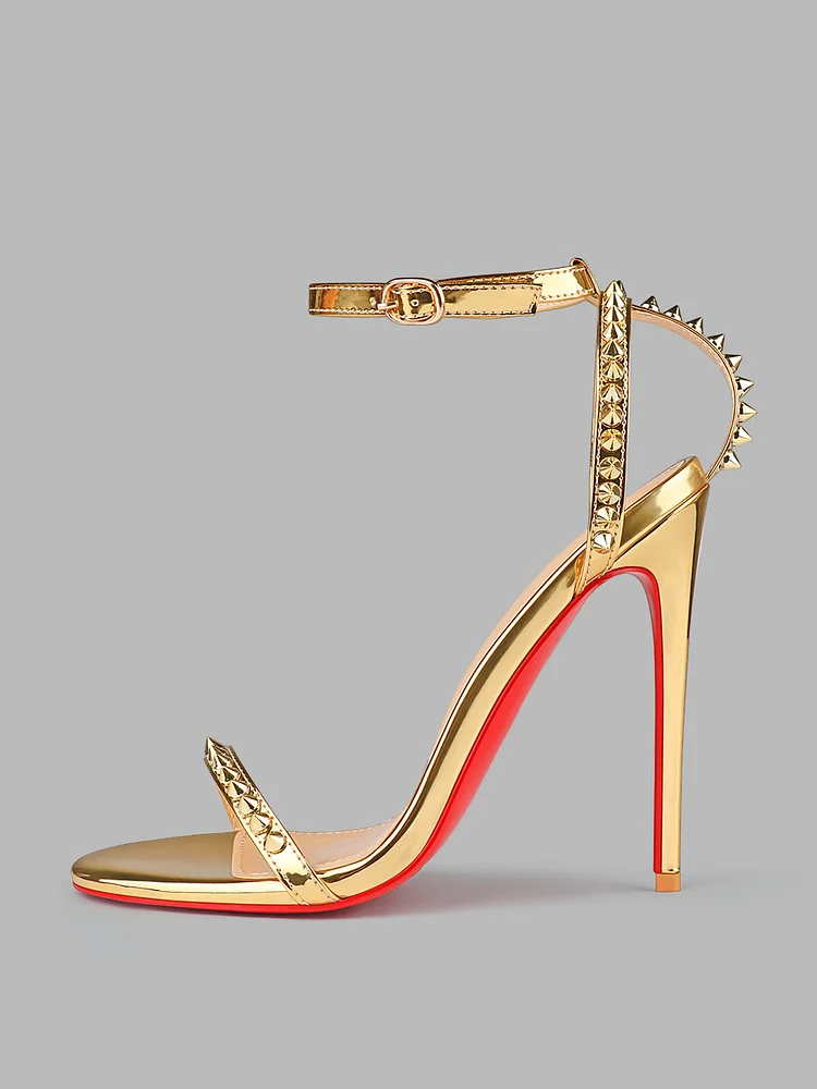 120mm Women's Open Toe Sandals Stiletto Red Bottom High Heels Ankle Strap Rivet Studs Shoes