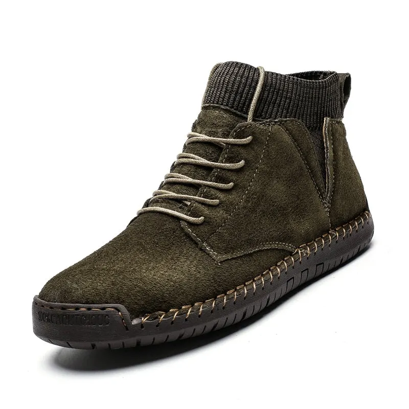 Nine o'clock 2020 Quality Winter Men's Leather Boots Outdoor Comfortable Elastic Sock Male Shoes Casual High-Top Lace-up Boots