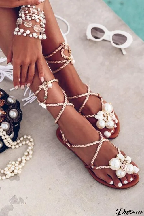 Pearl Lace Up Flat Sandals