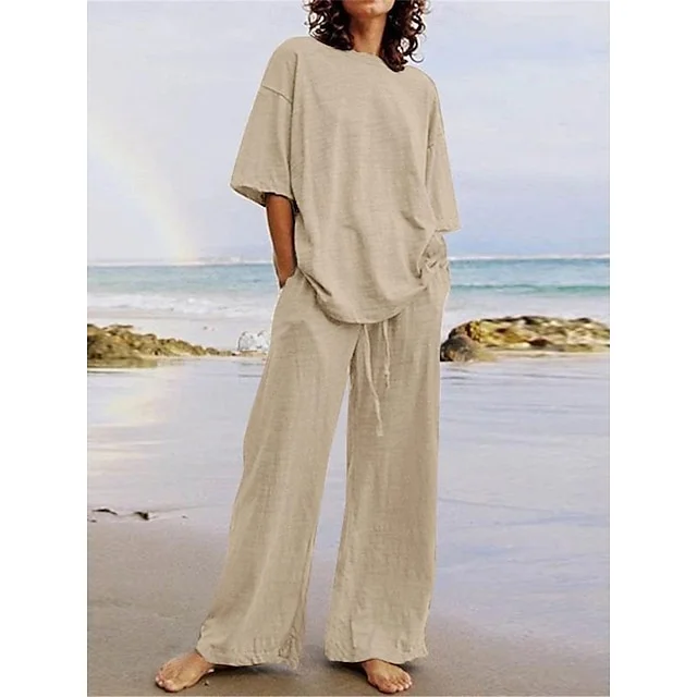 Women's Loungewear Sets Basic Pure Color Pocket Elastic Waist T Shirt Pant Street Daily Long Sleeve Crew Neck Navy Blue Light Brown Brown Green Gray Summer Spring