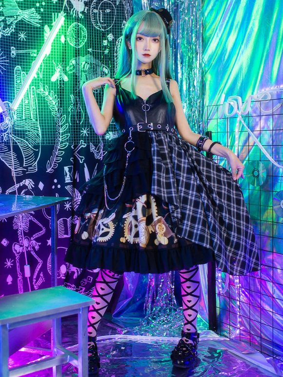 Steampunk Lolita JSK Dress Sleeveless Metal Details PU Leather Black Plaid Lolita Jumper Skirts Novameme