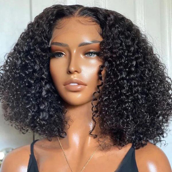 Junoda Hair Kinky Curly Transparent Lace Frontal Wigs Brazilian Remy Hair Short Bob Wig 180% Density