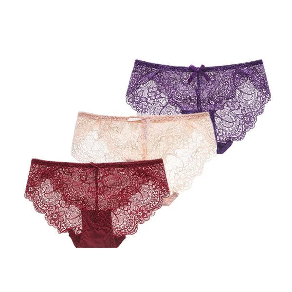 3Pcs/Lot Sexy Lace Underwear Women Transparent Low Waist Panties Cotton Crotch Briefs for Girls Breathable Seamless Lingeries