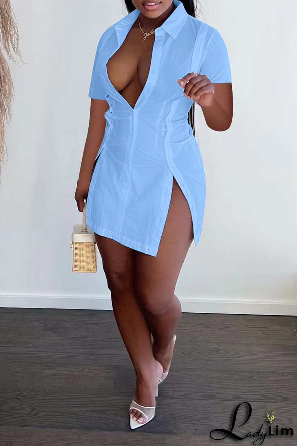 White Casual Solid Split Joint Turndown Collar Shirt Dress Dresses