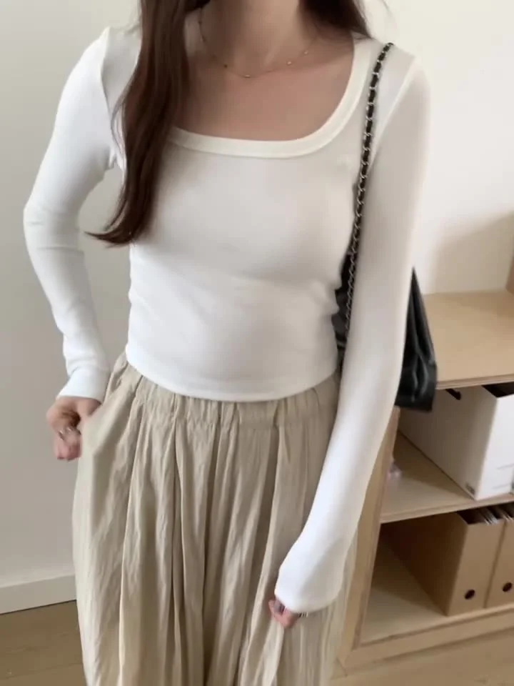 Toloer Color Straight Shoulder Slim Square Collar Threaded Short-Sleeved T-Shirt Early Autumn All Look Thin Undershirt-Outfit Ideas