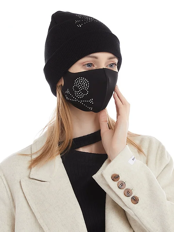Chic Solid Color Street Fashion Rhinestone Glitter 2-piece Sets: Knitted Hat and Mask-mysite