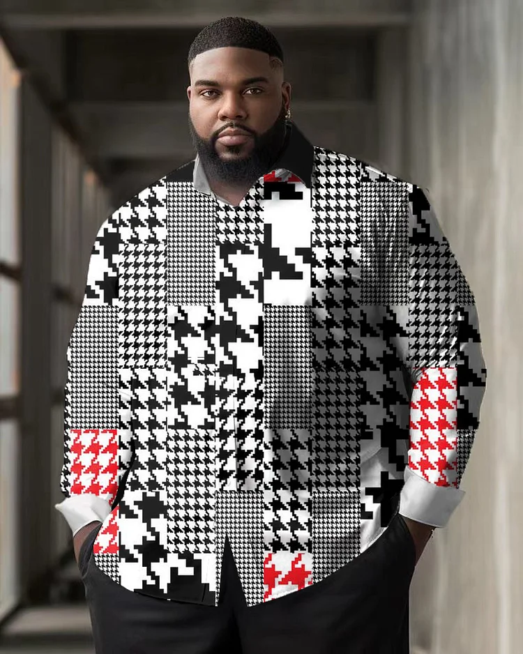 Leisure Contrasting Color Checkerboard Printed Lapel Men's Long Sleeved Oversized Shirt
