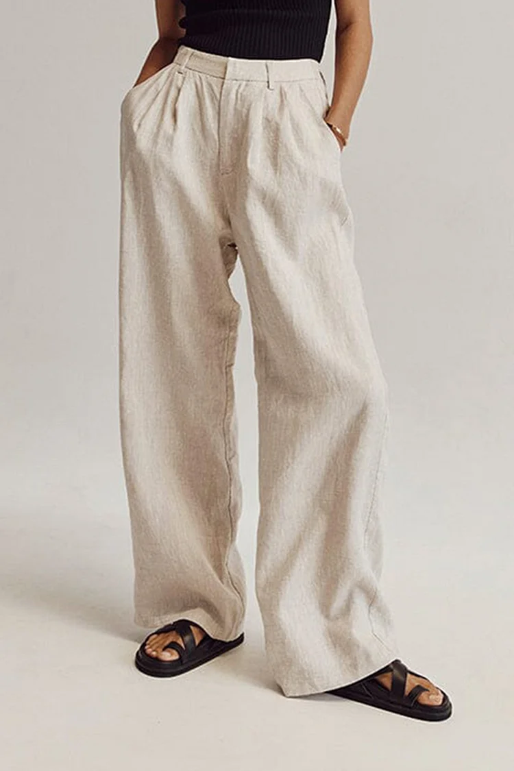 Pleated Side Pockets Solid Color Linen Wide Leg Pants [Pre Order]