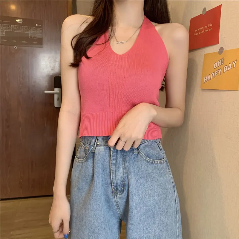Uveng Uveng Club Bundy Sling Female Summer New Solid Color Hanging Neck Vest Hottie Style Sexy Short V Sleeveless Top