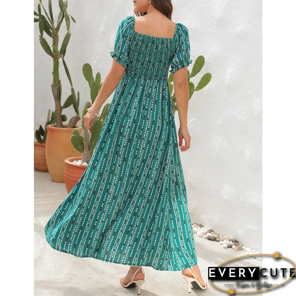 Green Vertical Striped Print Split Off Shoulder Maxi Dress