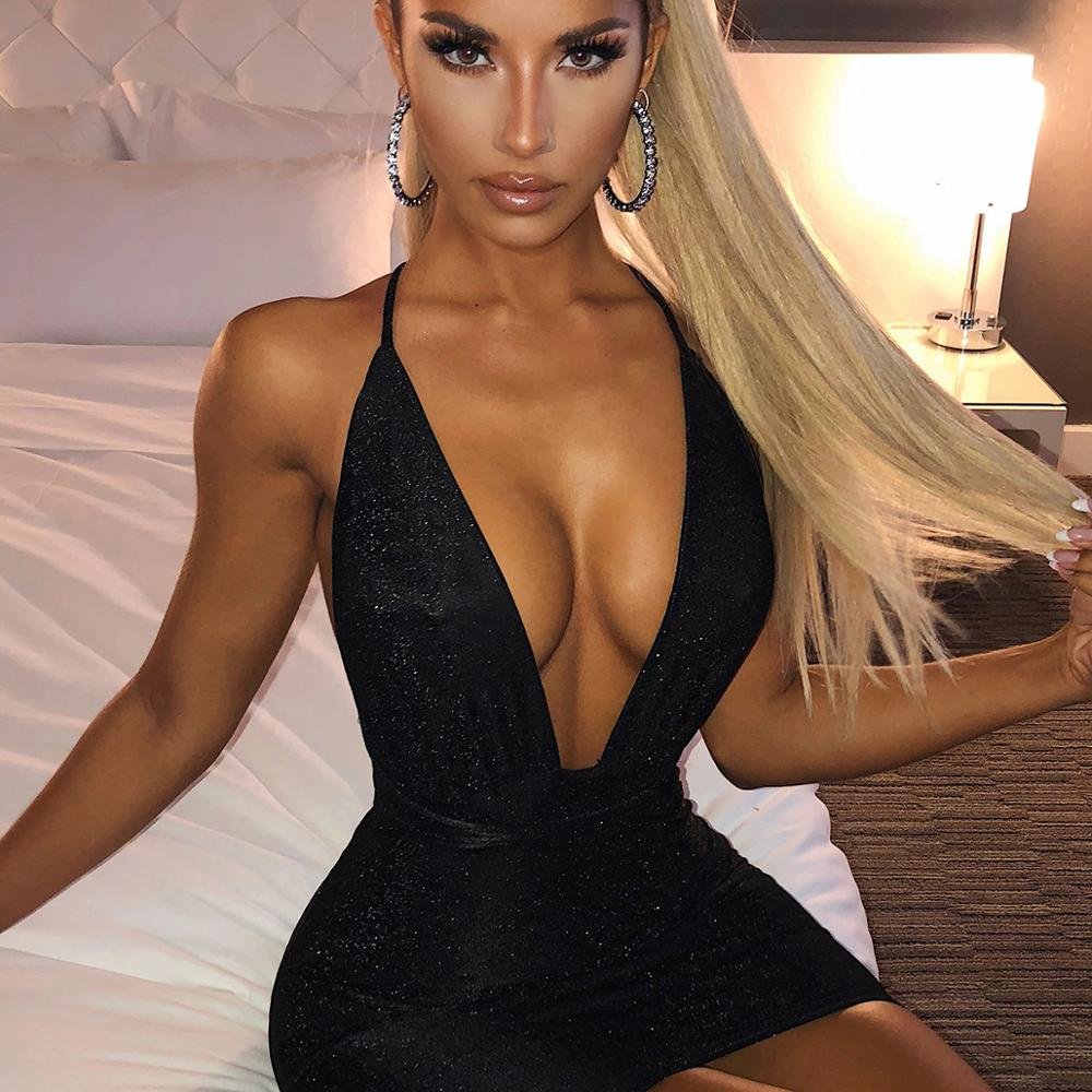 Dulzura Bling Glitter Sequin Women Strap Mini Dress Deep V Neck Lace Up Bandage Backless Bodycon Sexy Party Club Autumn Winter