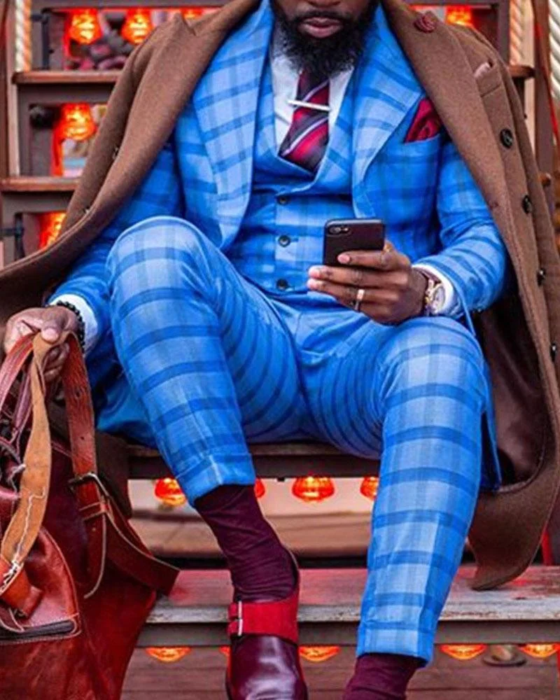Men's Casual Blue Plaid  Elegant Blazer