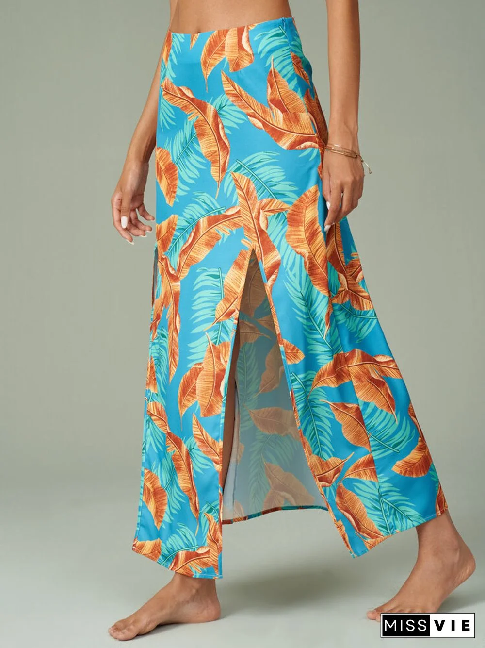 Women Tropical Leaves Print Double Slit Beach Skirt