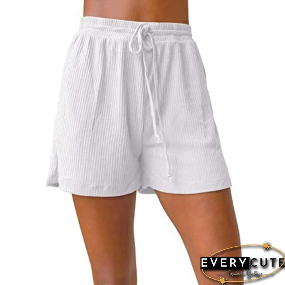 White Ribbed Drawstring Casual Shorts