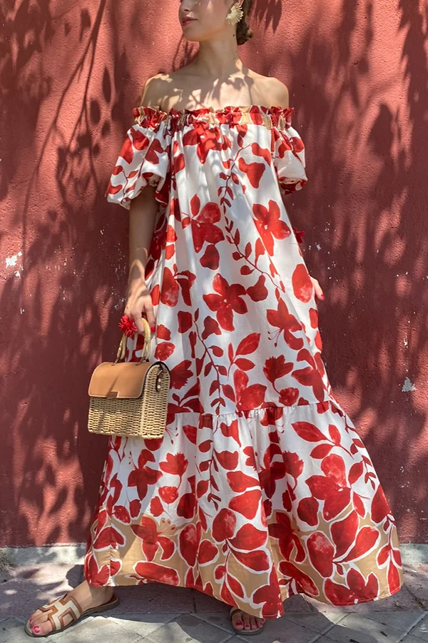 Floral Print Off-The-Shoulder Puff Sleeve Loose Holiday Maxi Dress