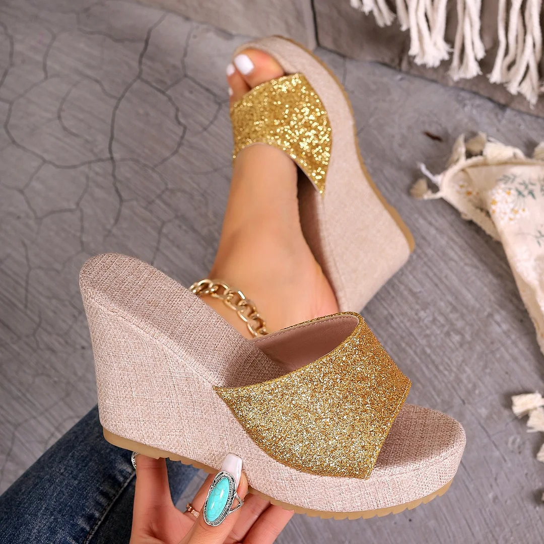 Tanguoant Tanguoant Bottom Slope With Slippers Female 2024 Summer New Sequins Fashion Super High Heel Outside Wear Large Size Sandals