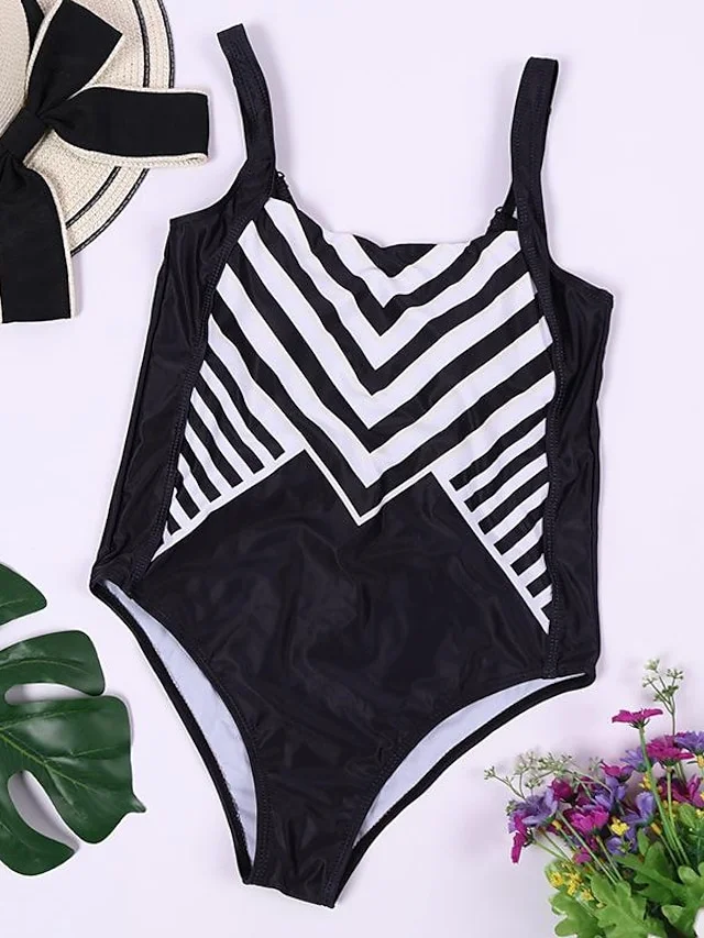 Women's Swimwear One Piece Normal Swimsuit Printing Stripe Black Bodysuit Bathing Suits Sports Summer | IFYHOME