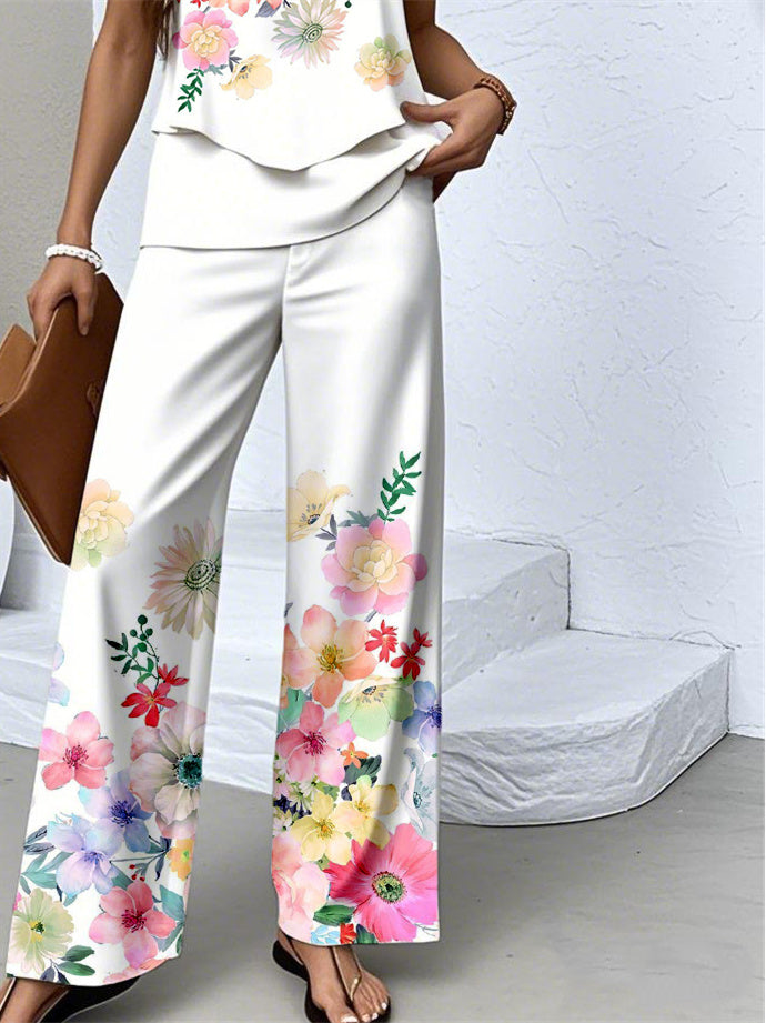 Women's Sleeveless Square Collar Floral Printed Casual Set