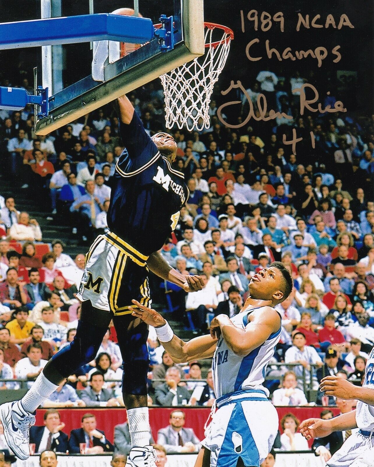 GLEN RICE MICHIGAN WOLVERINES 1989 NCAA CHAMPS ACTION SIGNED 8x10