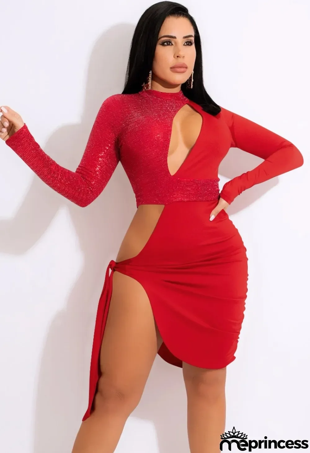 Women Spring Red Hollow Out Sequins Irregular Long Sleeve Club Dress