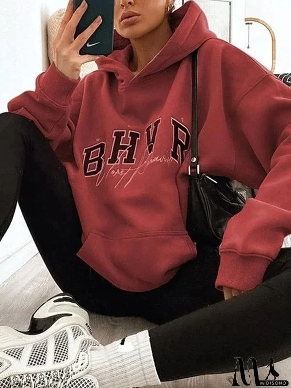 MidiSono - Long Sleeves Loose Keep Warm Letter Print Velvet Hooded Hoodies Tops
