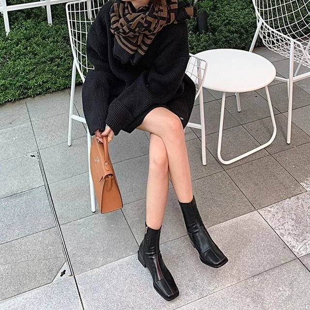 Boots Heel Square Short Faux Leather Block Toe