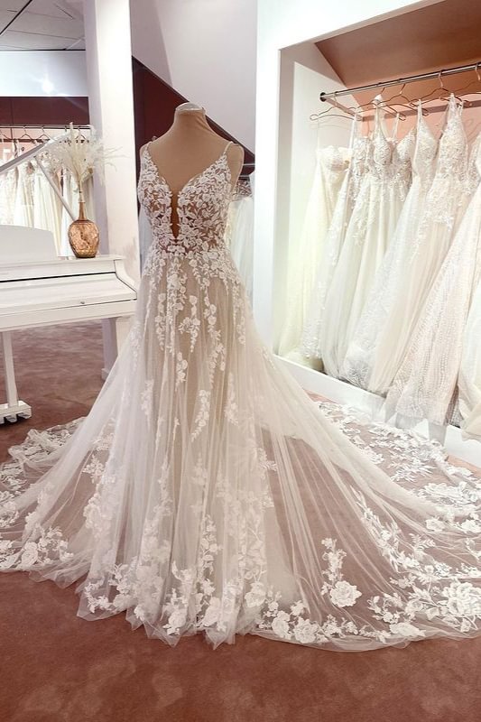 Unique Spaghetti-Straps Backless A-Line Tulle Wedding Dress With Appliques Lace | Ballbellas Ballbellas