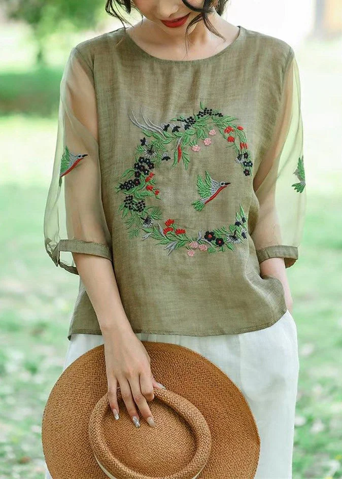Style Green Embroideried Patchwork Hollow Out Linen Shirt Summer