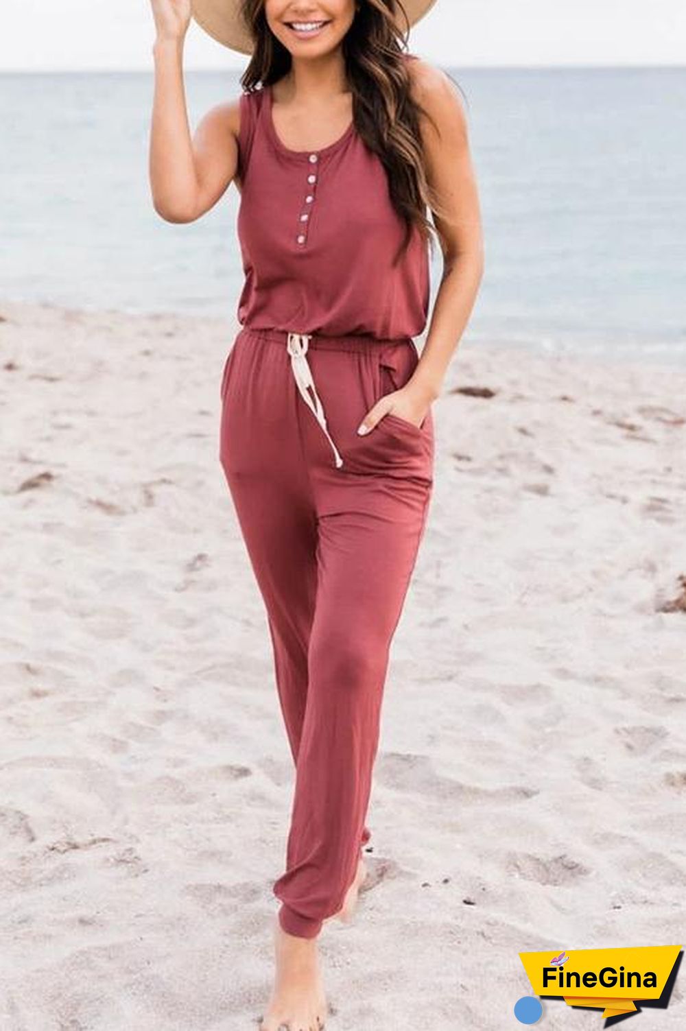 Button Sleeveless Drawstring Jumpsuits
