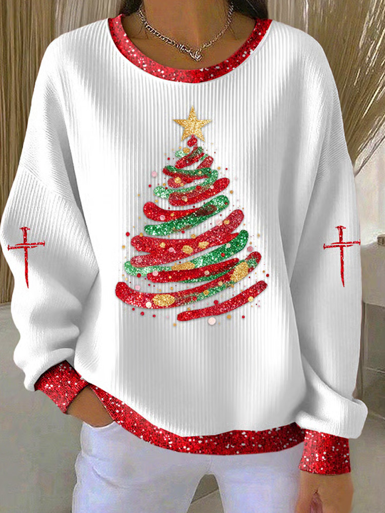 Women's Casual Pink Christmas Tree Textured Sweatshirt elevenforest
