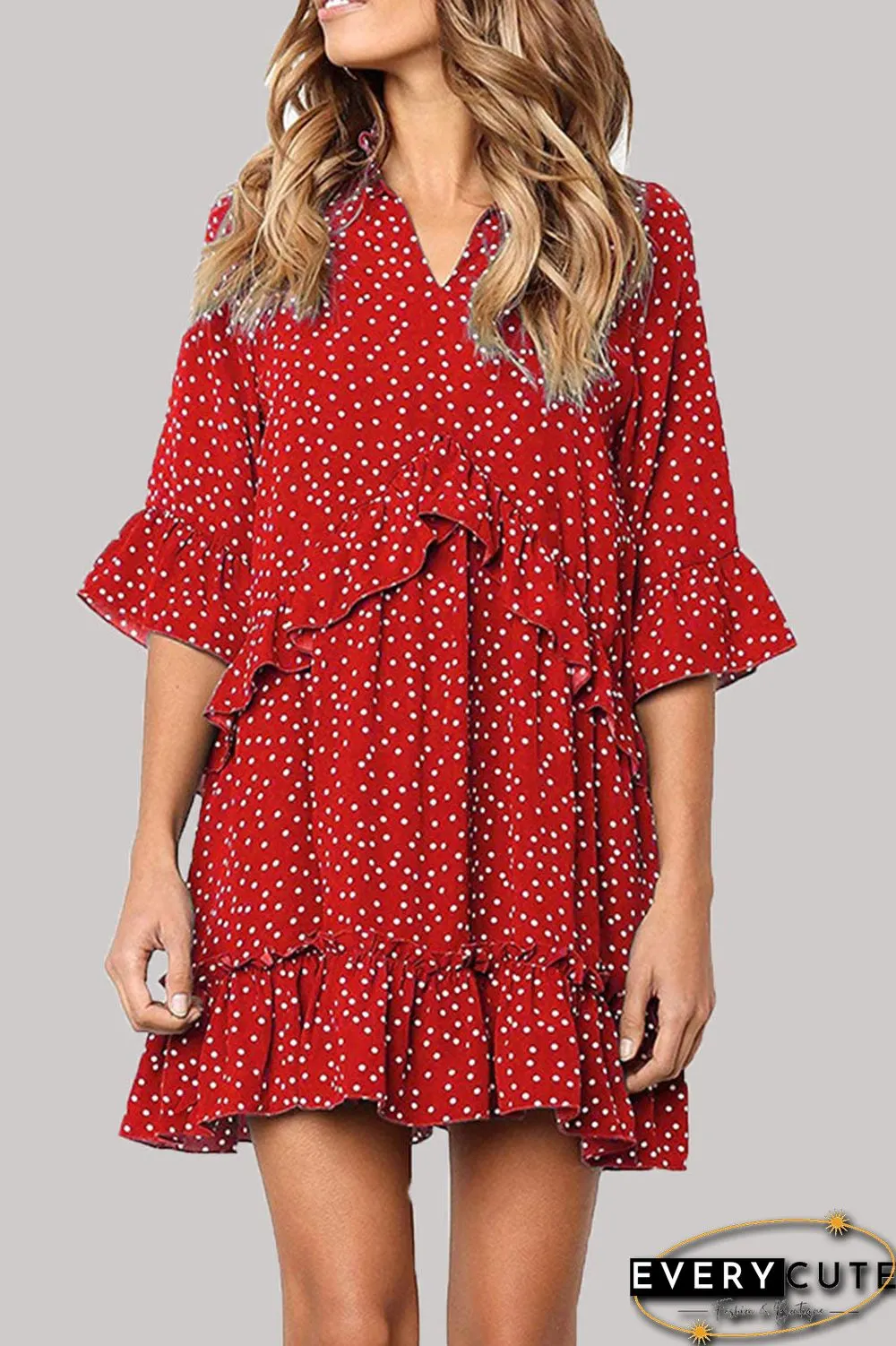 Fashion Casual Polka Dot Split Joint V Neck Princess Dresses