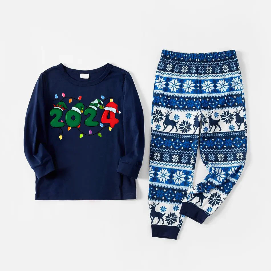 Christmas "2024" Letter Print Blue Family Matching Pajamas With Dog bandana