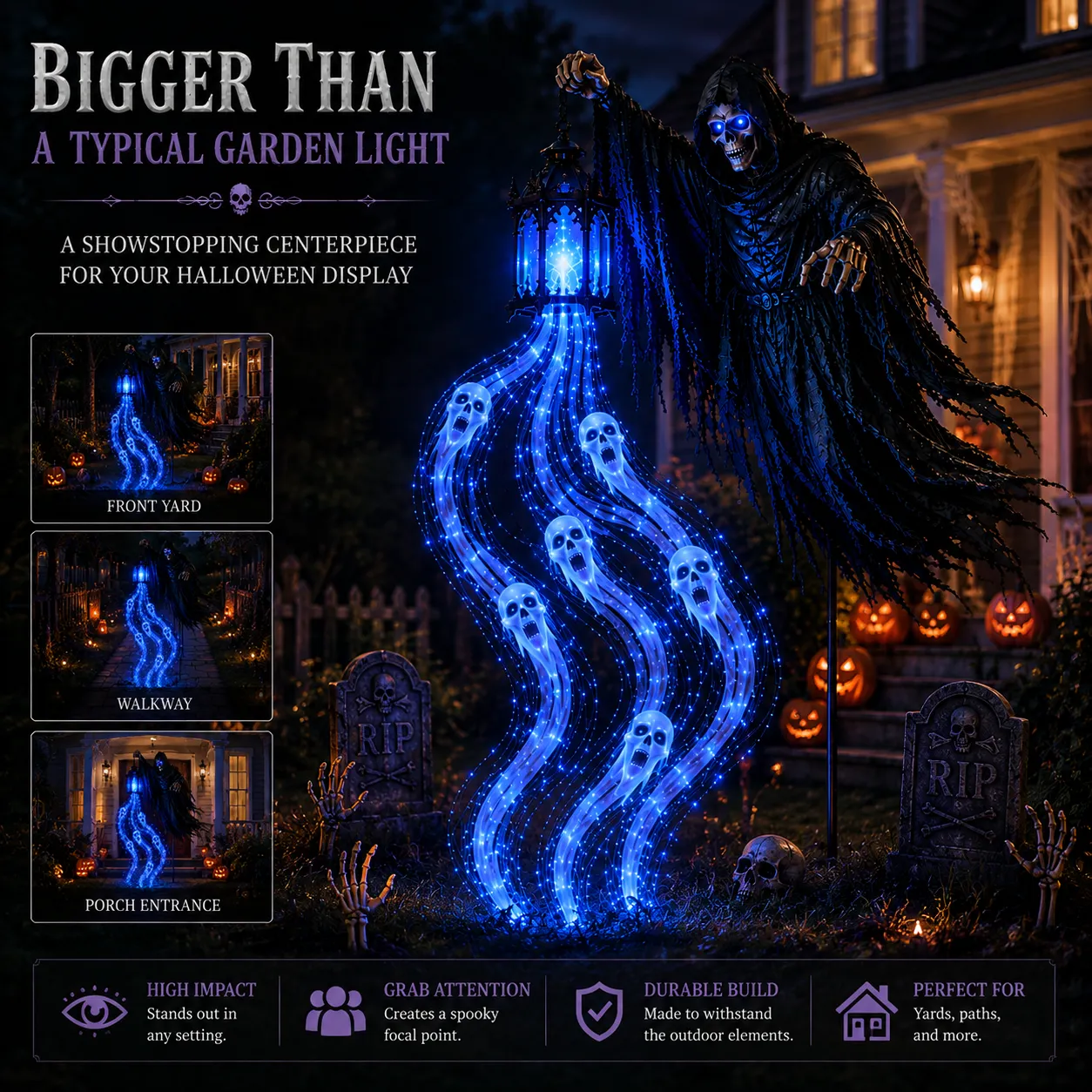 Halloween Soul Harvester front yard walkway and porch display