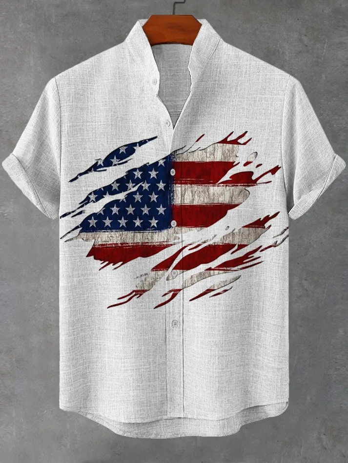 Men's Independence Day Flag Print Linen Blend Shirt