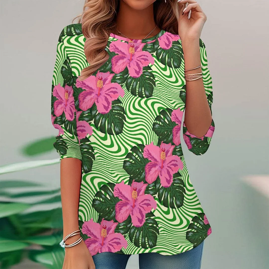 Women plus size clothing Full Printed Long Sleeve Plus Size Tunic for  Women Pattern Tropical,Green,Pink-Nordswear