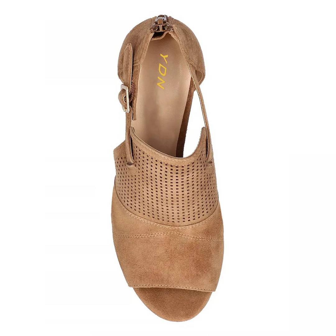 Women's Brown Perforated Cut-Out Low Heel Open Toe Booties for Summer