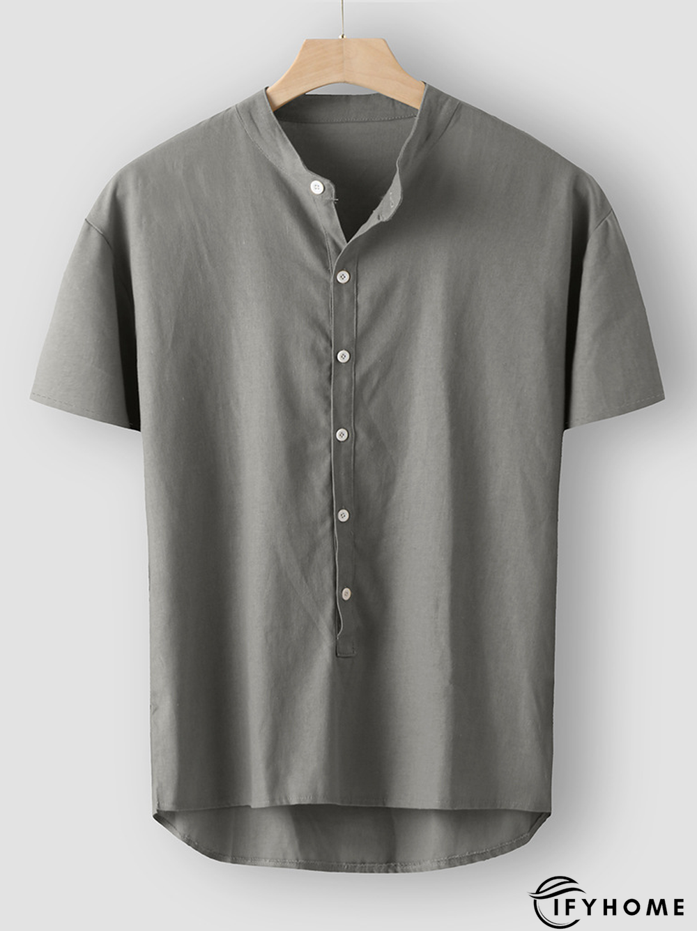 Men's Cotton Linen Style Half Placket Stand Collar Short Sleeve Shirt | IFYHOME