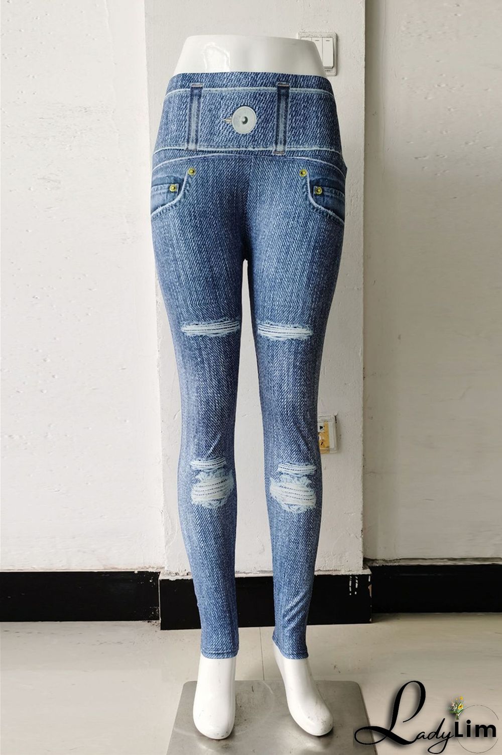 Blue Fashion Casual Sportswear Print Split Joint Skinny High Waist Pencil Trousers