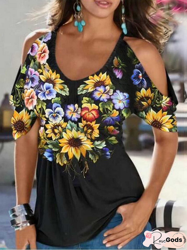 Floral Cotton Blends Boho Short Sleeve T-Shirt