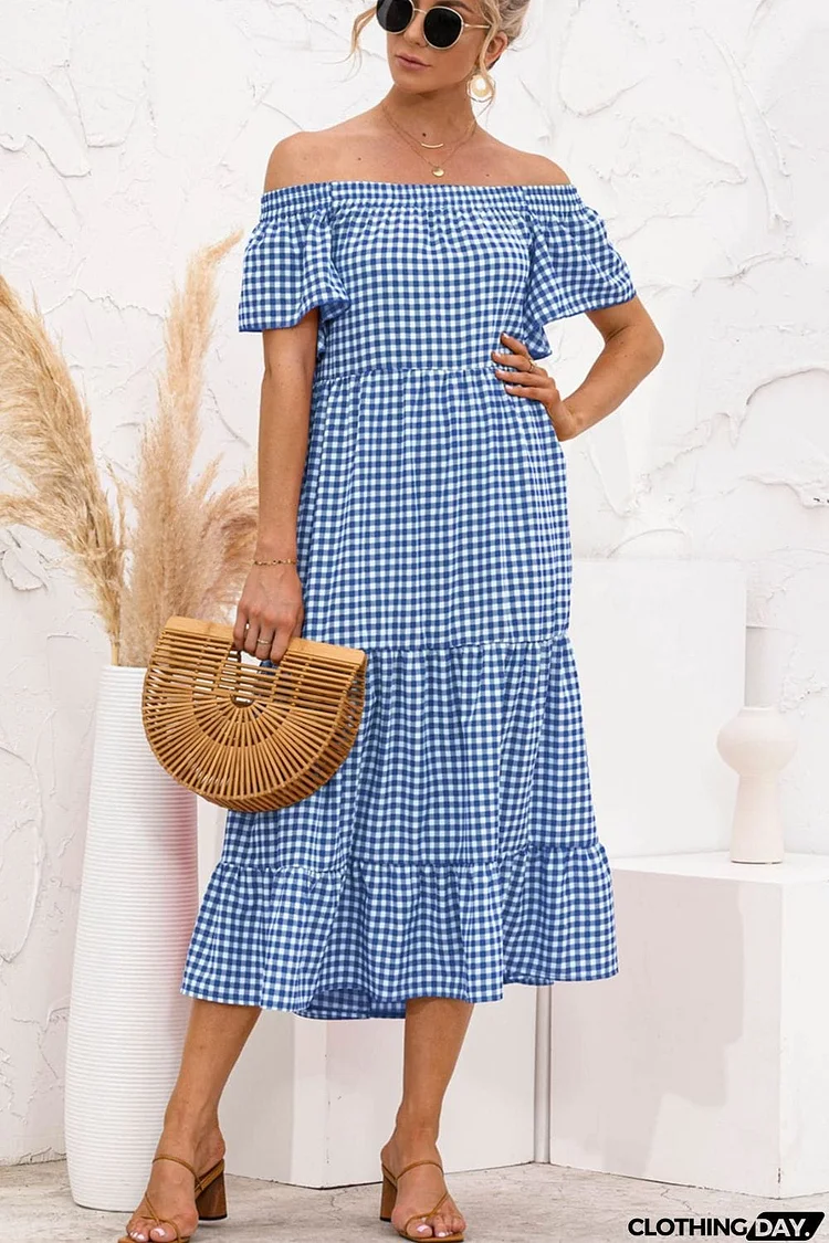 Plaid Off-Shoulder Tiered Midi Dress