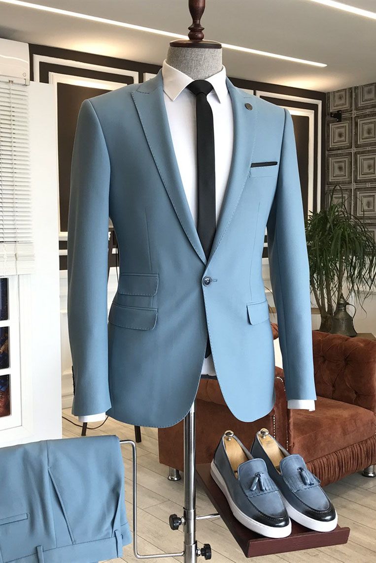 Cheap Sky Blue Wedding Suits Peaked Lapel With 3 Flaps | Risias